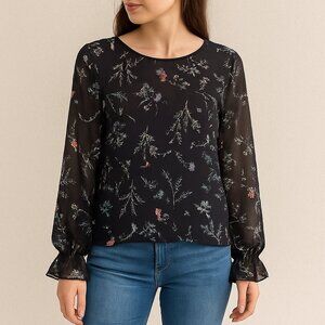 Lush Black Sheer Floral Long Sleeve Ruffle Cuff Blouse Size L Keyhole Back